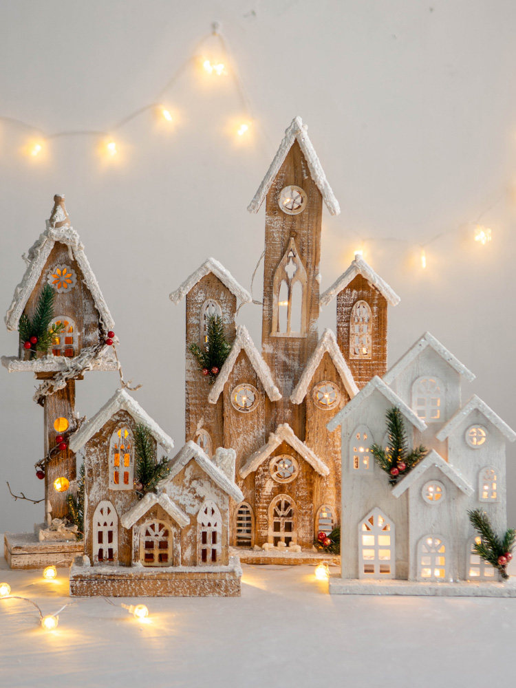 hromeo 圣诞节装饰发光木屋摆件木头房子商场橱窗场景拍摄道具ins