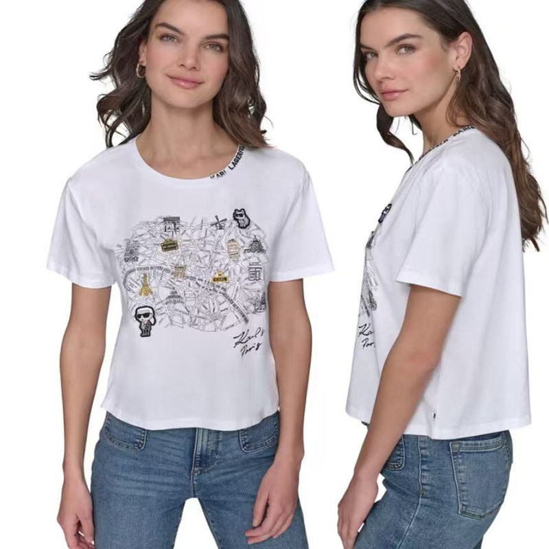 思琪女装 253/10 棉质领口刺绣金属牌装饰圆领短款休闲短袖T恤