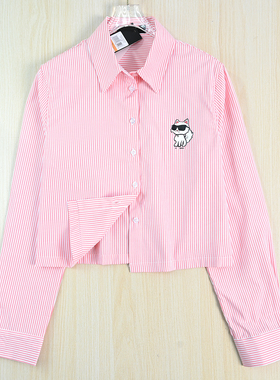 思琪女装 2510/30美系K尔棉质胶印卡通猫休闲短款长袖条纹衬衫