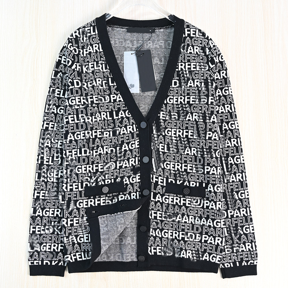 满字母撞色V领休闲长袖针织开衫