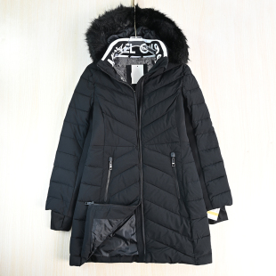 思琪女装2512/29 美M系厚实保暖拼接可脱卸帽毛领修身中长款棉服