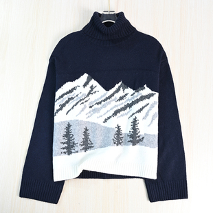 瑞典单厚实粗针色织图案高领宽松长袖 针织毛衣 2512 思琪女装