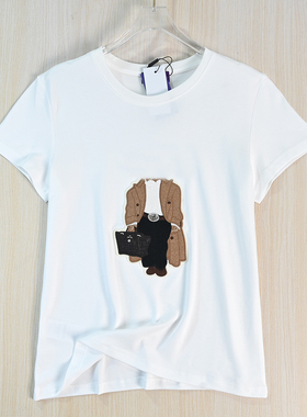 思琪女装263/5 美国单贴布卡通熊棉质圆领修身休闲短袖T恤
