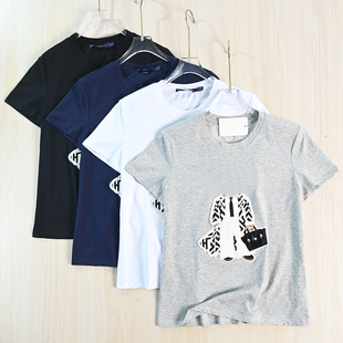 思琪女装264/13 美国单卡通熊棉质刺绣字母圆领修身休闲短袖T恤