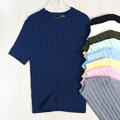 粗针棉线绞花圆领休闲短袖针织衫