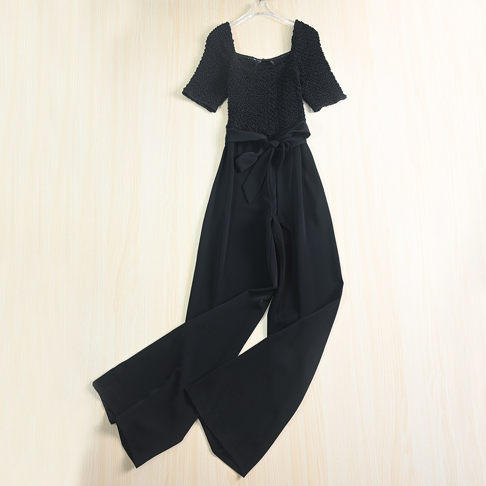 思琪女装  9/2时尚泡芙方领修身上衣腰带垂感直筒宽松连体长裤