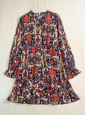 思琪女装 3/14复古花色小木耳边V领系带长袖连衣裙