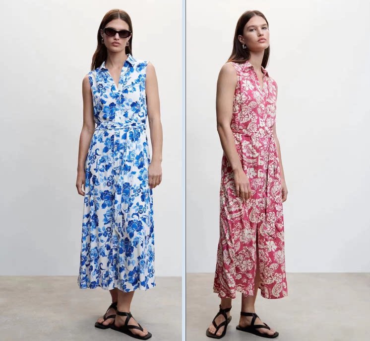 思琪女装 西班牙风格 翻领单排扣无袖系带收腰印花衬衫式连衣裙