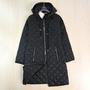 美M系菱格绗缝羽绒棉连帽抽绳收腰中长款 薄棉服 2510 思琪女装