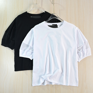 思琪女装 264/09舒适棉质蕾丝拼接袖圆领宽松休闲短袖T恤