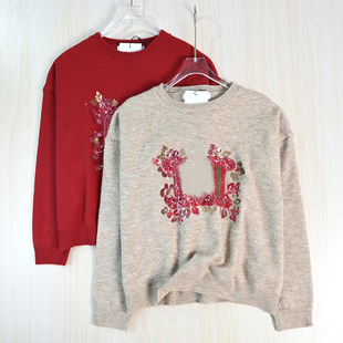 优雅刺绣亮片绵羊毛圆领宽松休闲长袖 针织毛衣 2512 思琪女装