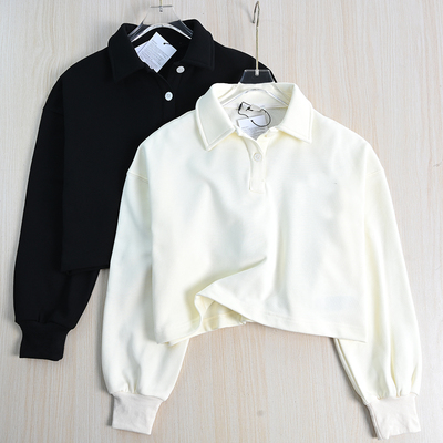 圈棉Polo领宽松落肩短款长袖卫衣