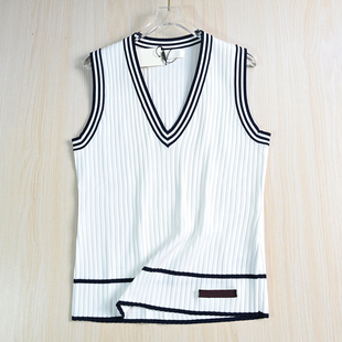 气质学院风坑条纹撞色条鸡心领修身 针织背心 256 思琪女装
