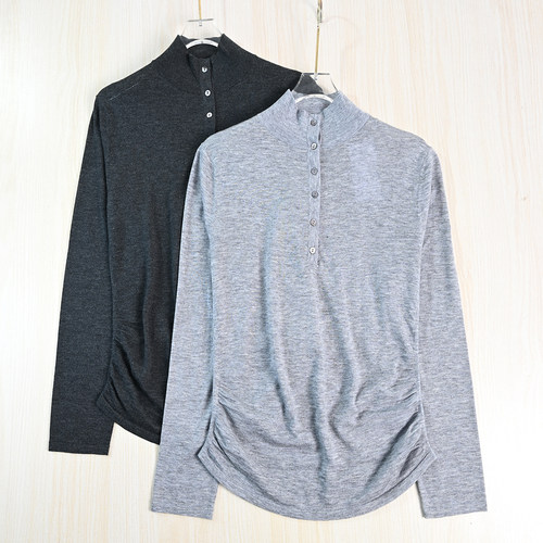 气质半系扣抽皱修身长袖薄针织衫