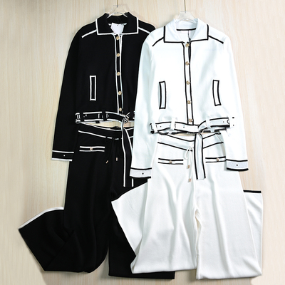 小香风针织开衫阔腿针织裤套装