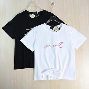 思琪女装 美系K尔棉质胶印亮片字母圆领宽松休闲短袖 T恤 261
