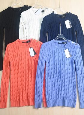 思琪女装256/16美系秋冬季粗针棉线绞花圆领肩扣修身长袖针织毛衣
