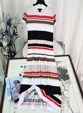 思琪女装 美D系品质 工整对齐彩色条纹舒适针织棉弹力连衣裙 长裙