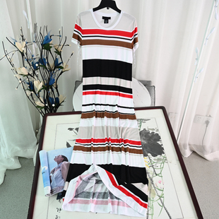 长裙 工整对齐彩色条纹舒适针织棉弹力连衣裙 思琪女装 美D系品质