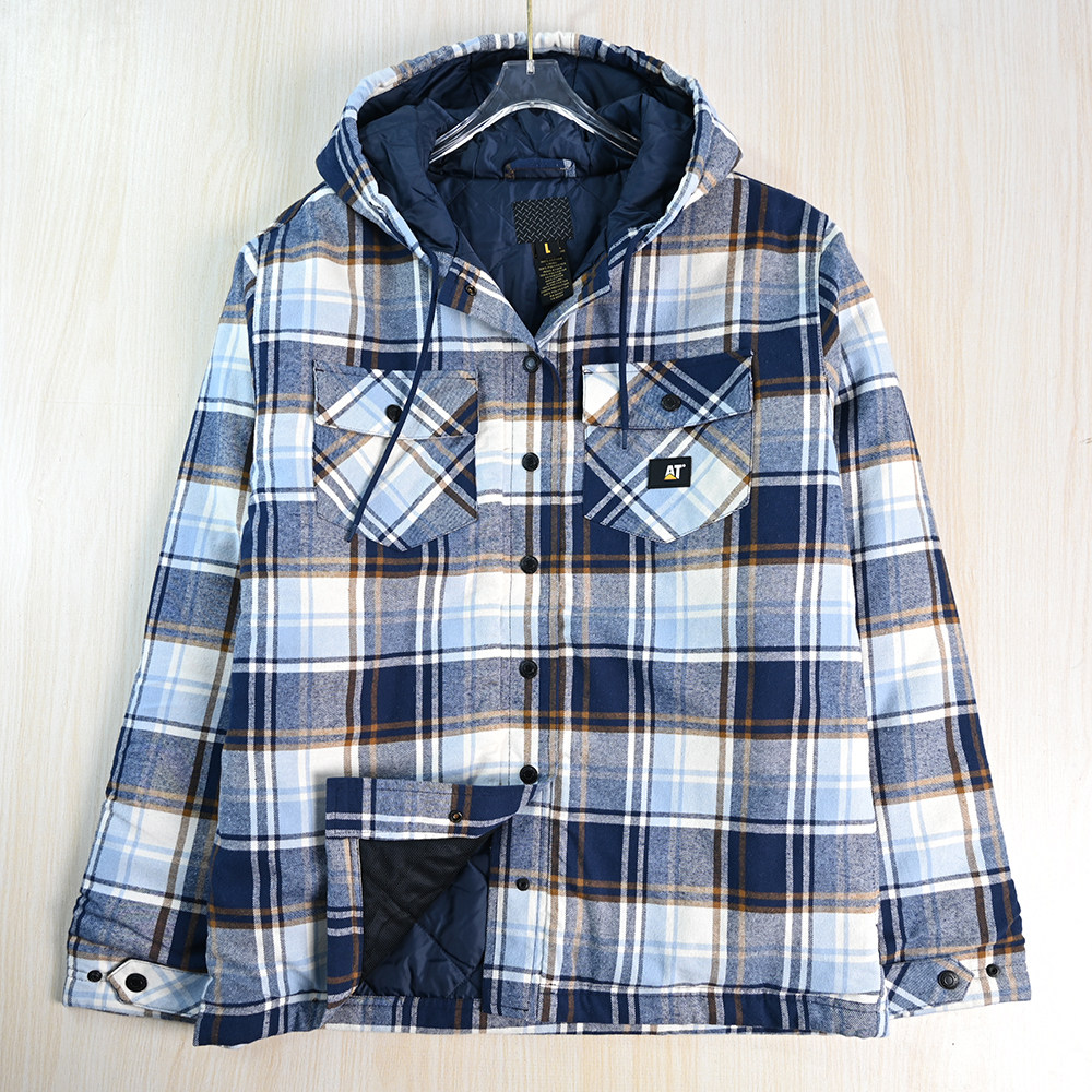 男装好货 2511/13 欧美风宽松大码磨毛格纹连帽休闲夹棉衬衫外套