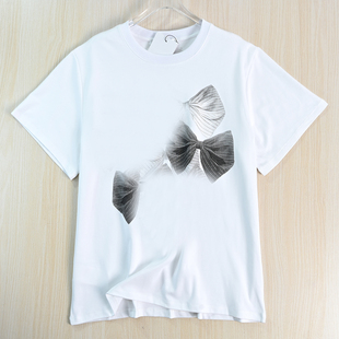 印蝴蝶结圆领宽松休闲短袖 思琪女装 棉质数码 T恤 263