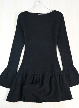 思琪女装2512/15 瑞典单软和一字领修身长袖荷叶边针织连衣裙