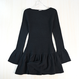 长袖 思琪女装 瑞典单软和一字领修身 荷叶边针织连衣裙 2512