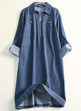 思琪女装 美系狮子头 精致金属拉链方领直筒型水洗棉质牛仔连衣裙