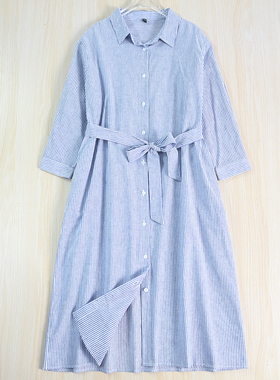 思琪女装 258/28通勤风条纹棉麻混纺季腰带修身七分袖衬衫连衣裙