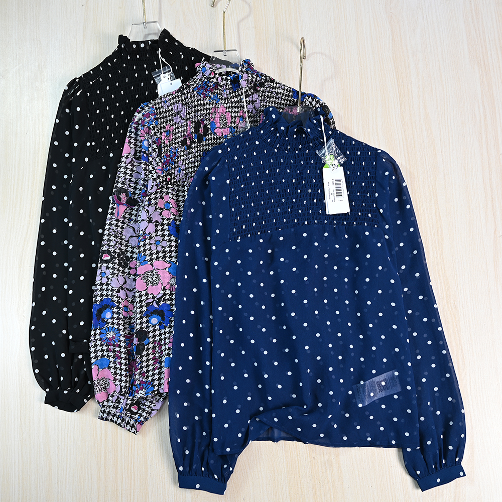 精致木耳边立领波点长袖雪纺衫