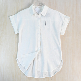 亚麻衬衫 思琪女装 美国单通勤刺绣休闲连肩卷边短袖 263