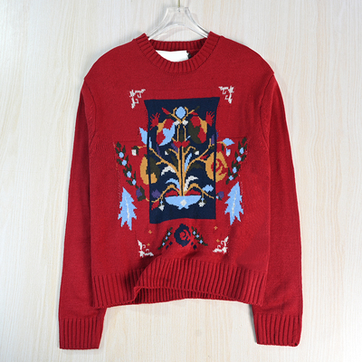 色织提花图案圆领休闲长袖毛衣