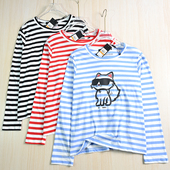 思琪女装 T恤 薄棉条纹胶印卡通猫咪圆领休闲长袖 257