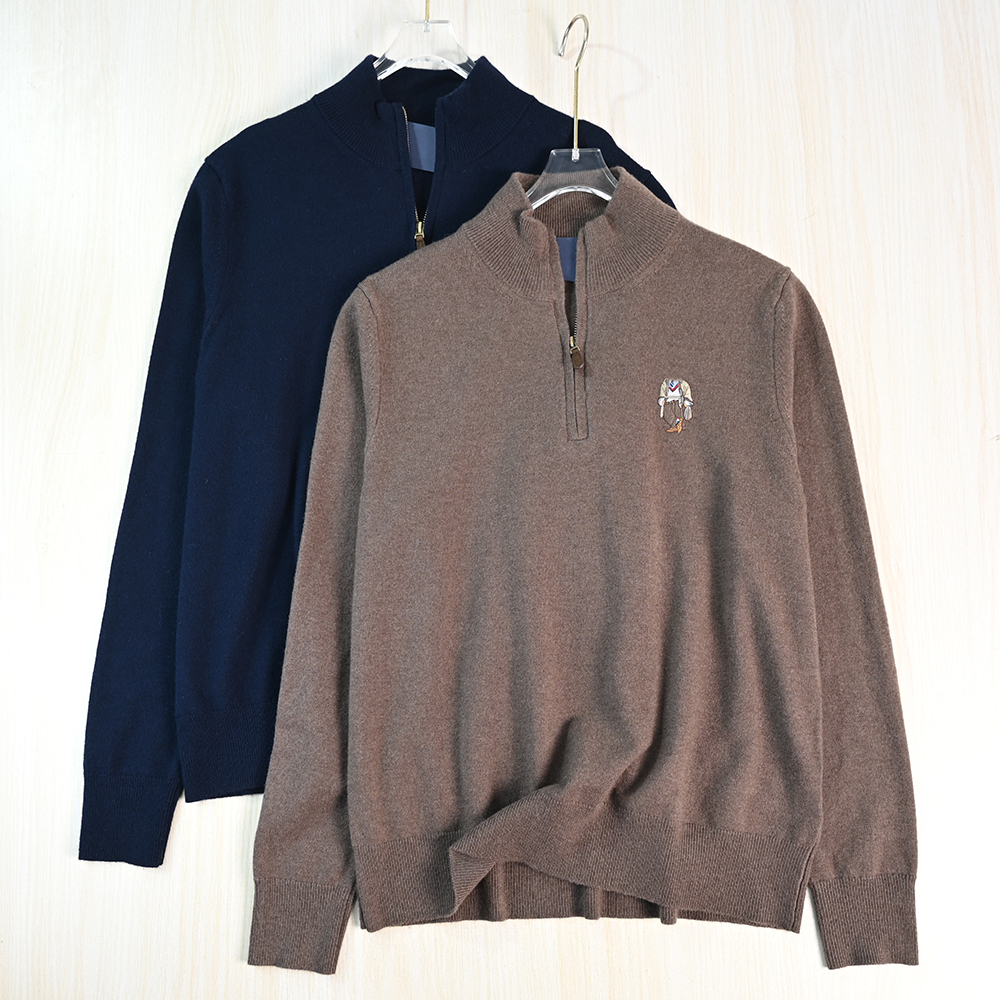 卡通熊羊绒半拉链立领休闲针织衫