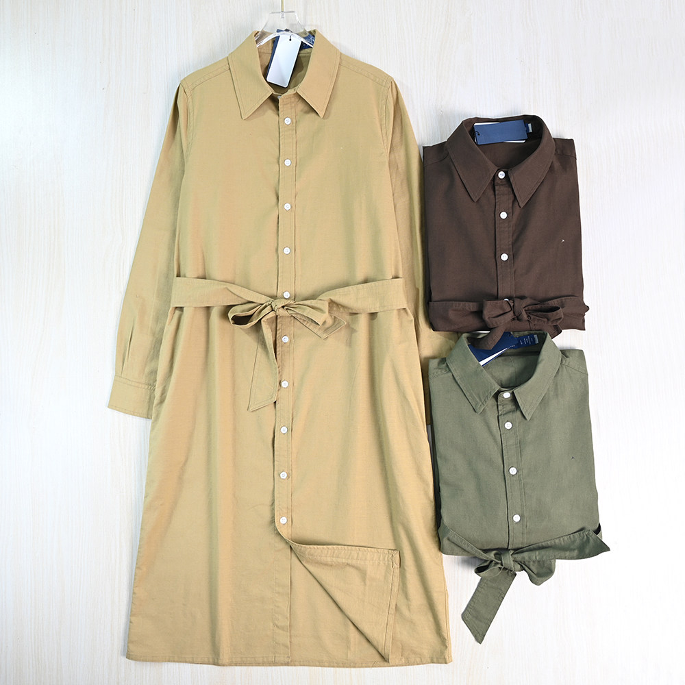 思琪女装261/29 美国单通勤刺绣棉质腰带衬衫式中长款长袖连衣裙