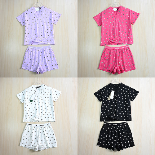 棉质V领休闲短袖T恤针织短裤套装