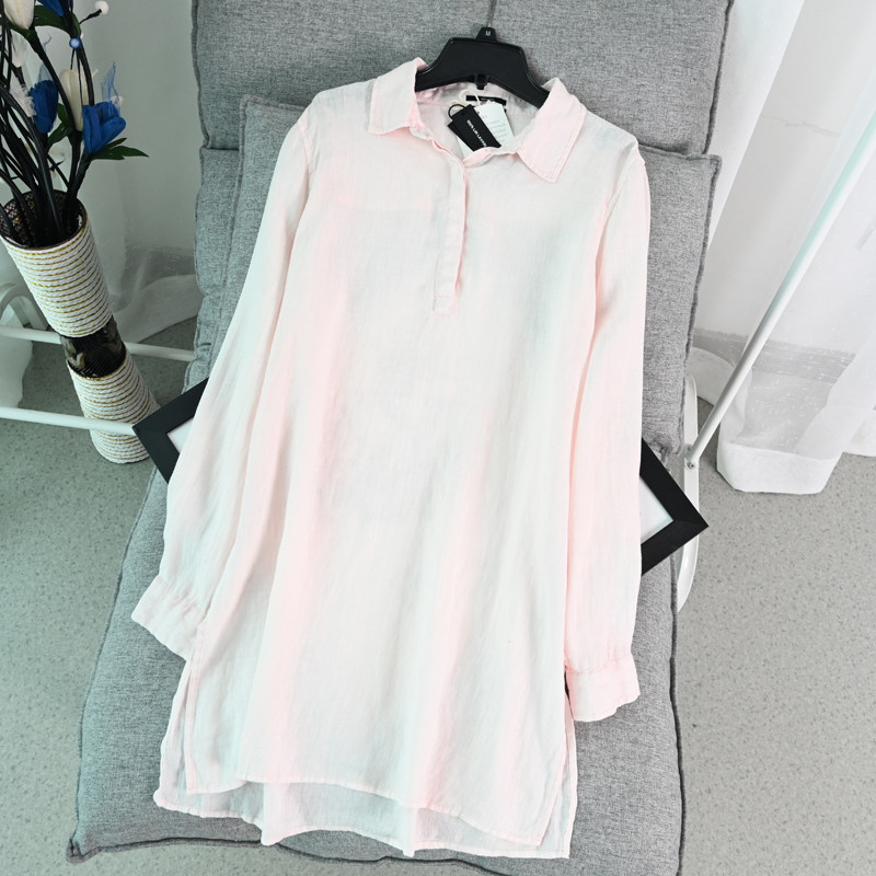 思琪女装 美系 舒适水洗亚麻质地可挽袖长款衬衫