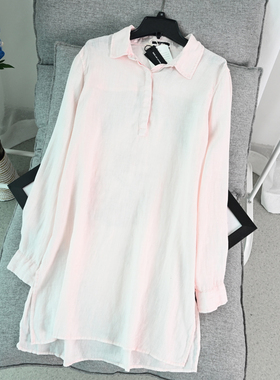 思琪女装 美系 舒适水洗亚麻质地可挽袖长款衬衫