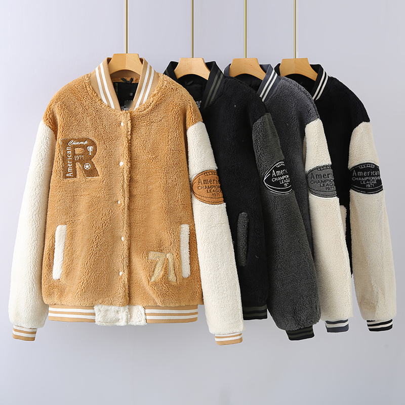 思琪女装2511/03秋冬情侣款加厚棒球服复古贴布保暖美式宽松外套