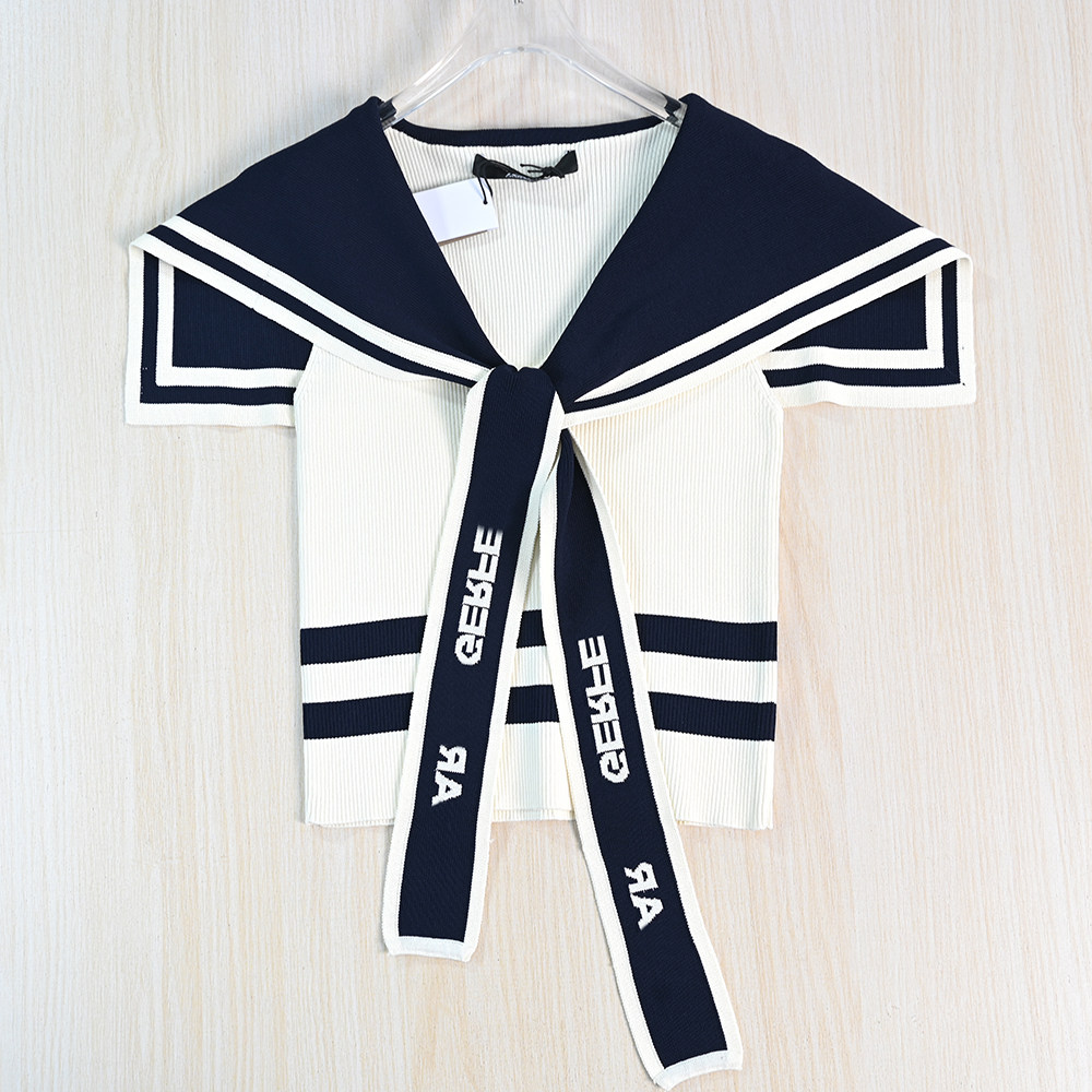 思琪女装263/16 美系K尔飘带字母海军领螺纹修身短款无袖针织背心