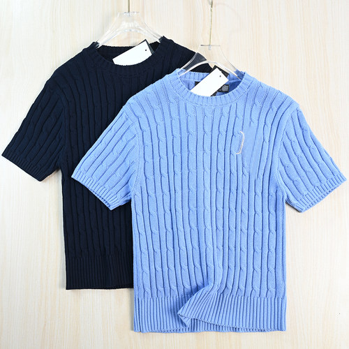 粗针绞花圆领修身休闲短袖毛衣