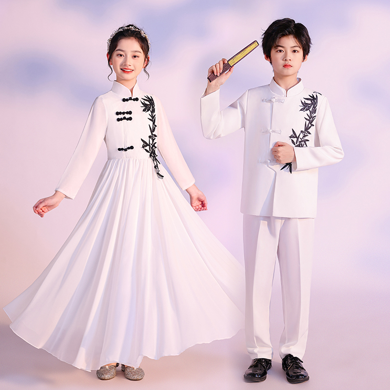 国庆节儿童大合唱演出服女童白色长裙礼服中小学生诗歌朗诵表演服