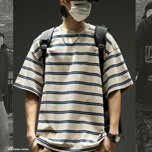 春季新款条纹t恤短袖男春夏季宽松半袖上衣高街潮牌五分袖体恤