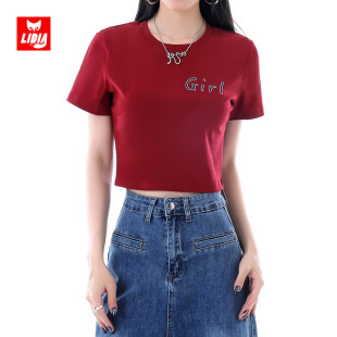 女生t恤女夏季 短款 新款 复古正肩ins风超火修身 上衣 美式 酒红色短袖