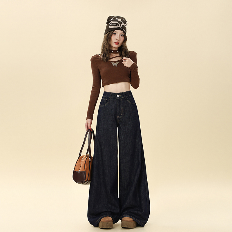 丹宁深蓝色加绒加厚阔腿牛仔裤女