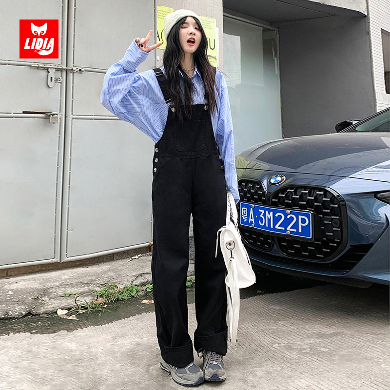 黑色牛仔背带裤女秋冬2023新款韩版宽松直筒连体裤拖地阔腿长裤子
