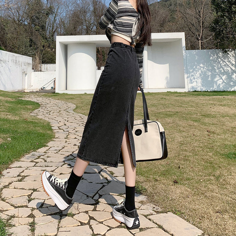 高腰开叉牛仔裙女秋冬春秋2022新款中长款半身裙小个子a字包臀裙
