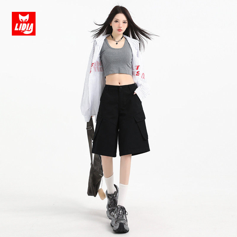 黑色高腰休闲工装短裤女2025夏季新款巨好看宽松显瘦阔腿五分中裤,女装/女士精品,休闲裤,淘宝优惠券,粉丝福利购,淘宝优惠卷