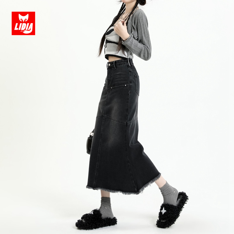 黑灰色毛边牛仔半身裙女2025春夏新款高腰鱼尾裙高腰a字小众长裙