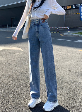 双排扣高腰窄版阔腿裤牛仔裤女秋冬2025爆款小个子复古直筒长裤子